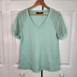 Fashion Mint Green Waffle Knit V-Neck Top with Crochet Lace Sleeves Women M